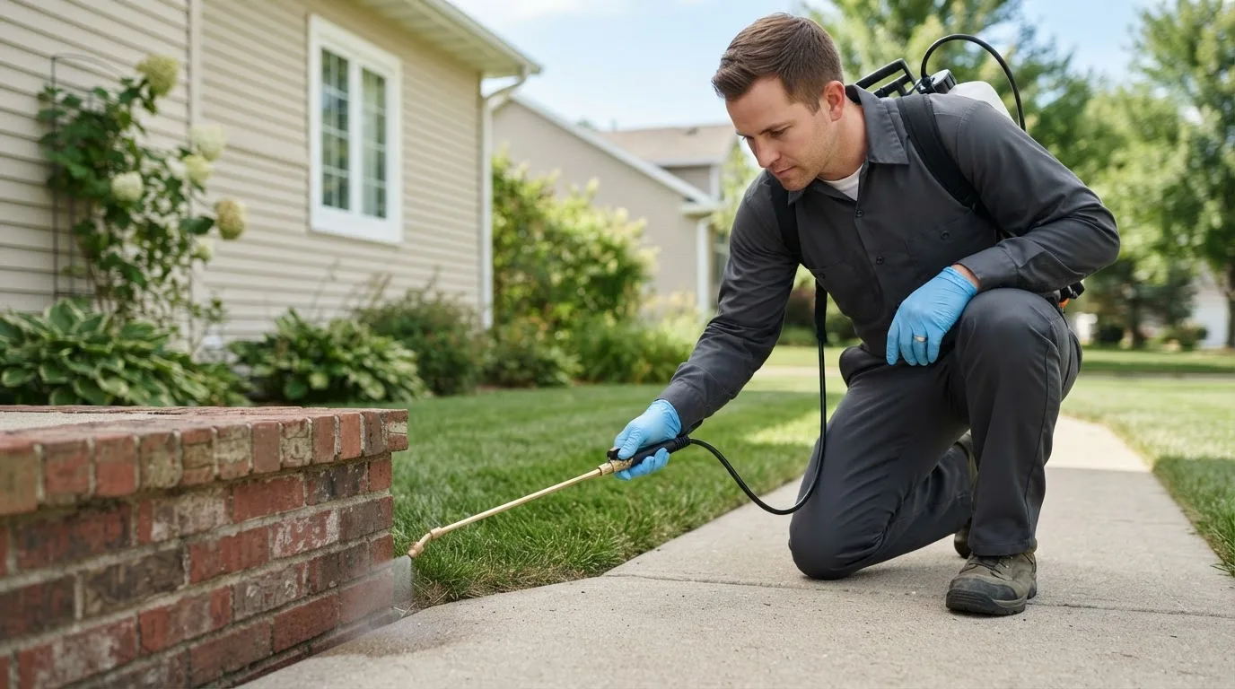 Pest control technician treating a home near Red Devil, AK